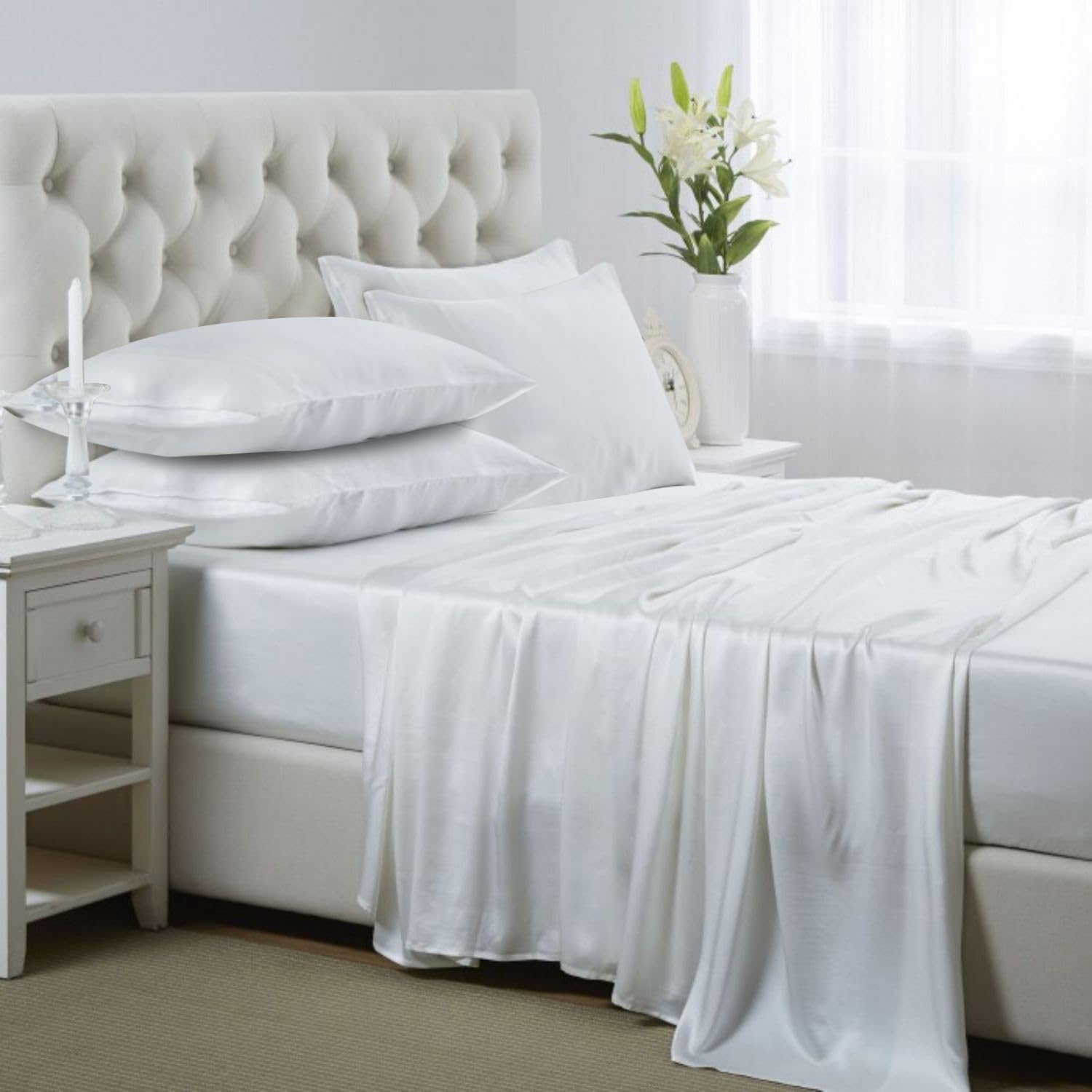 Lanest Housing Silk Satin Sheets, 6-Pieces King Size Satin Bed Sheet Set with Deep Pockets, Cooling and Soft Sheets King - Ivory