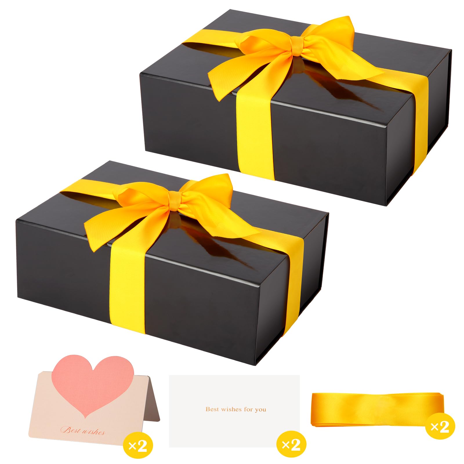 ZUVYRO 2PCs Black Gift Box 11’’x7.2”x3.5”, Glossy Magnetic Gift Box with Lid for Present Contains 1-1/2’’ Widened Ribbon, Liner Paper, Card for