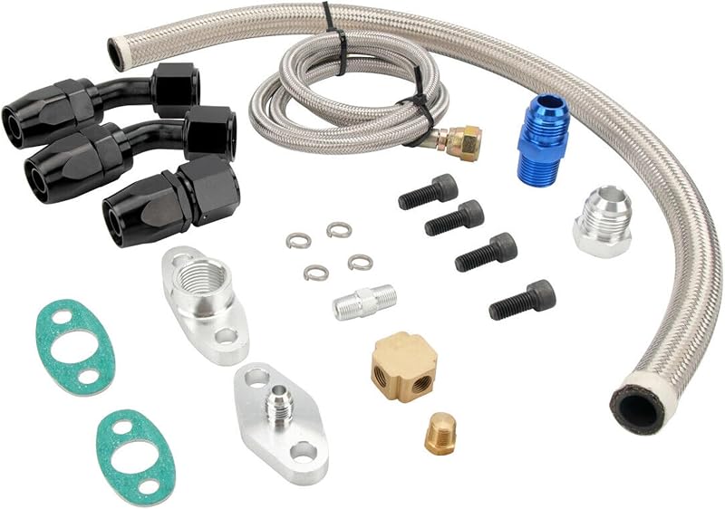Kit de linhas de óleo para turbocompressor LokoCar com alimentação, retorno, dreno e flange T3 T4 T04E – 1 conjunto