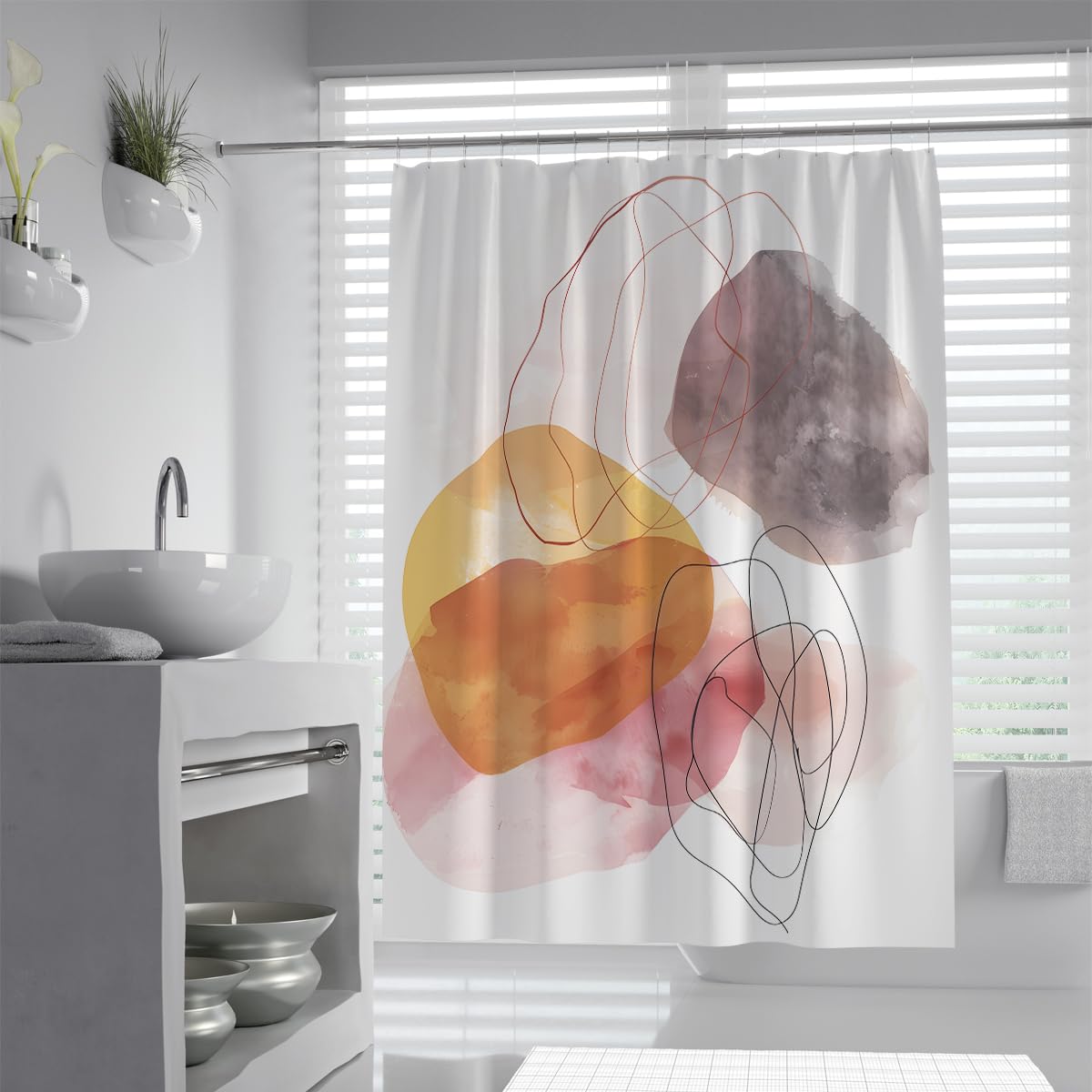 UIRINGART Artistic Shower Curtain W120xL200cm Yellow Shape Grey Blob Line Mildew Resistant Easy Clean Polyester Fabric Lightweight Home Hotel Bathroom with Hooks