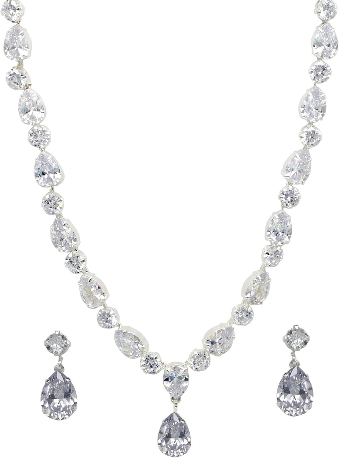 Bride Jewelry Set Silver Crystal Wedding Necklace Earrings Set - Bridal Rhinestone Brass Pendant Accessories for Women and Bridesmaids