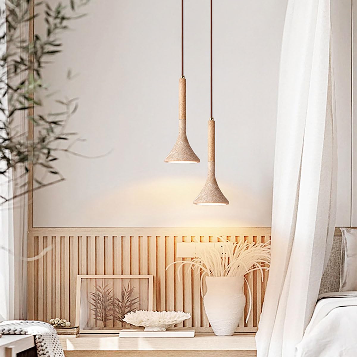 Lampada a Sospensione nordica in travertino Naturale, Stile Vintage Rustico, Lunga e lineare, Ideale per Isola Cucina, lampadario Rustico in Legno Stile Moderno di metà secolo per