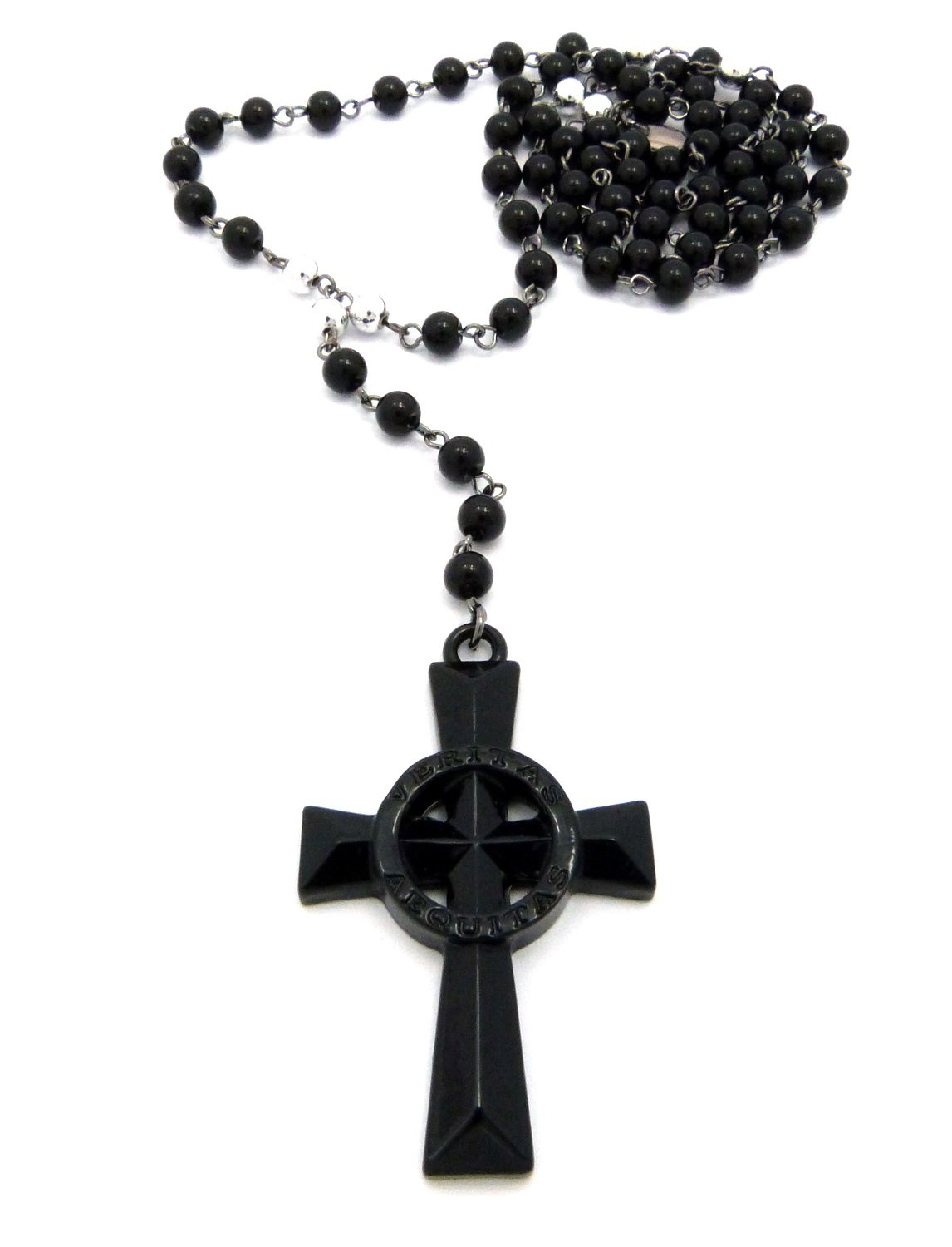 Fashion21 Jet Black-Tone Veritas Aequitas Cross Glass Bead Rosary 30" Necklace XC313BP-BK, Metal