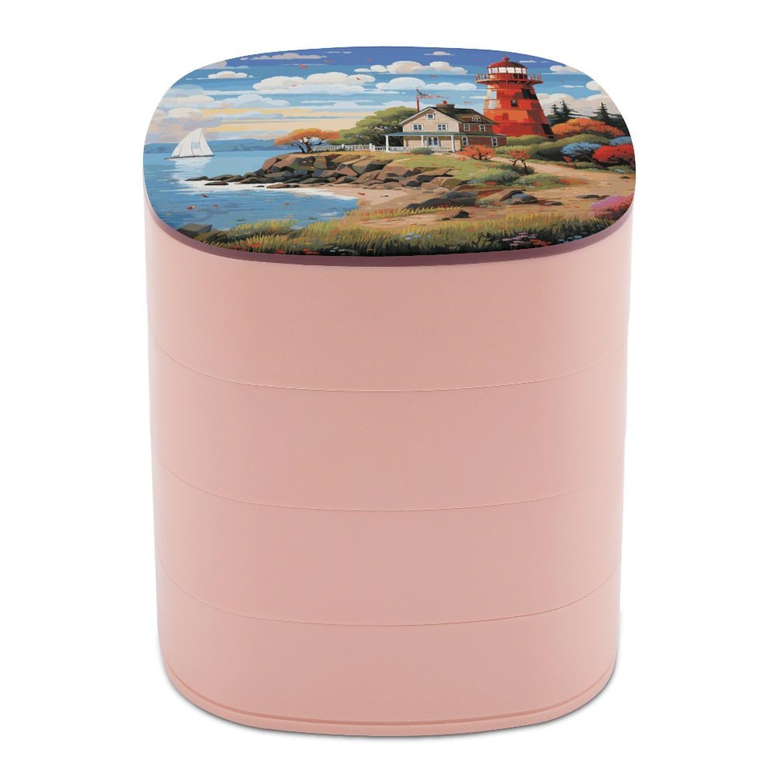 VstaDank Coastal Lighthouse Jewelry Box 360° Rotatable Jewelry Organizer 4 Layers Jewelry Case with Lid Fashion Portable Earring Holder for Bracelets Rings Bracelets Vanity