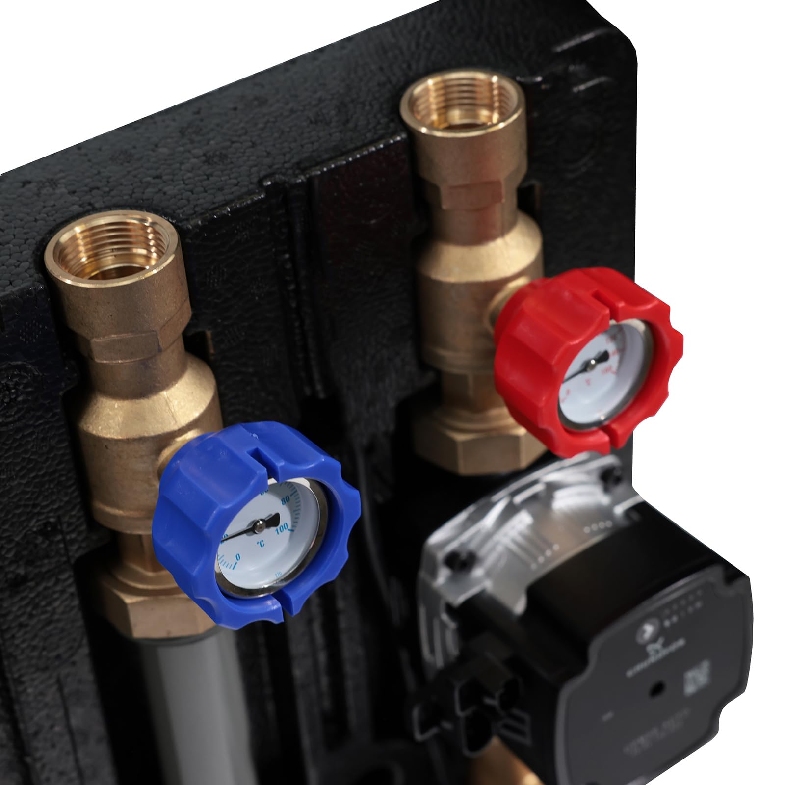 SUNEX® Pumpengruppe für Heizkreis GPO DN25 mit GRUNDFOS UPM3S Auto 25-60 Umwälzpumpe – Heizkreisstation mit Wärmedämmung, Thermometern & Rückschlagventil, AG 1½″ / IG 1″, max. 6 bar, 90 °C