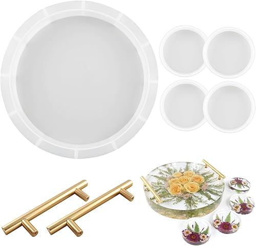 Juego de moldes de bandeja de resina epoxi de cristal, incluye 1 molde de bandeja redonda grande, 4 moldes de posavasos pequeños, 1 par de asas de