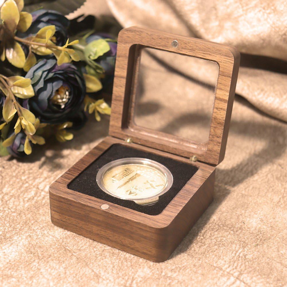 FINGERINSPIRE Walnut Wood Challenge Coin Display Box - 4 Inch Square Magnetic Coin Holder With Window