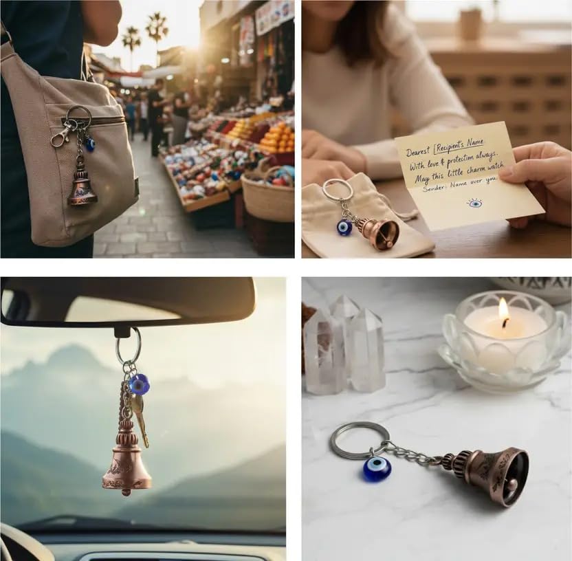 Image of Techpro Guardian Bell KeyChain Tibetan Key Chain Good Luck Key Chain For Bike (Bronze Bell With Evil Eye)
