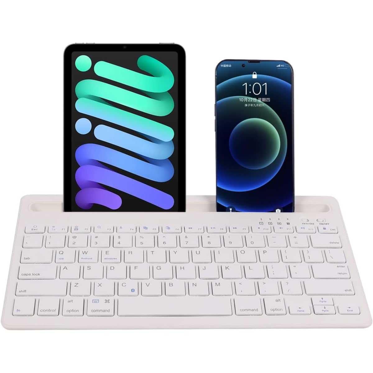 Klack 2-Channel Bluetooth Multi-Device Rechargeable Wireless Keyboard in Spanish (Includes Ñ), with Stand for Tablet or Mobile - White