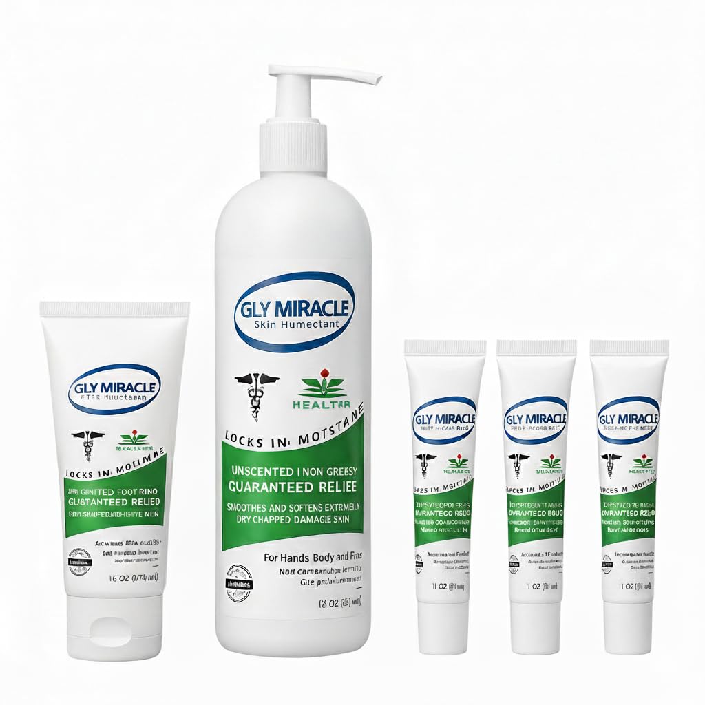 GLY MIRACLE Hand & Body Lotion Unscented 5 Piece Bundle Deep, Nourishing Hydration for Dry, Cracked, Irritated Skin; One 16 oz Pump, One 2 oz Tube and Three .5 oz Travel Tubes