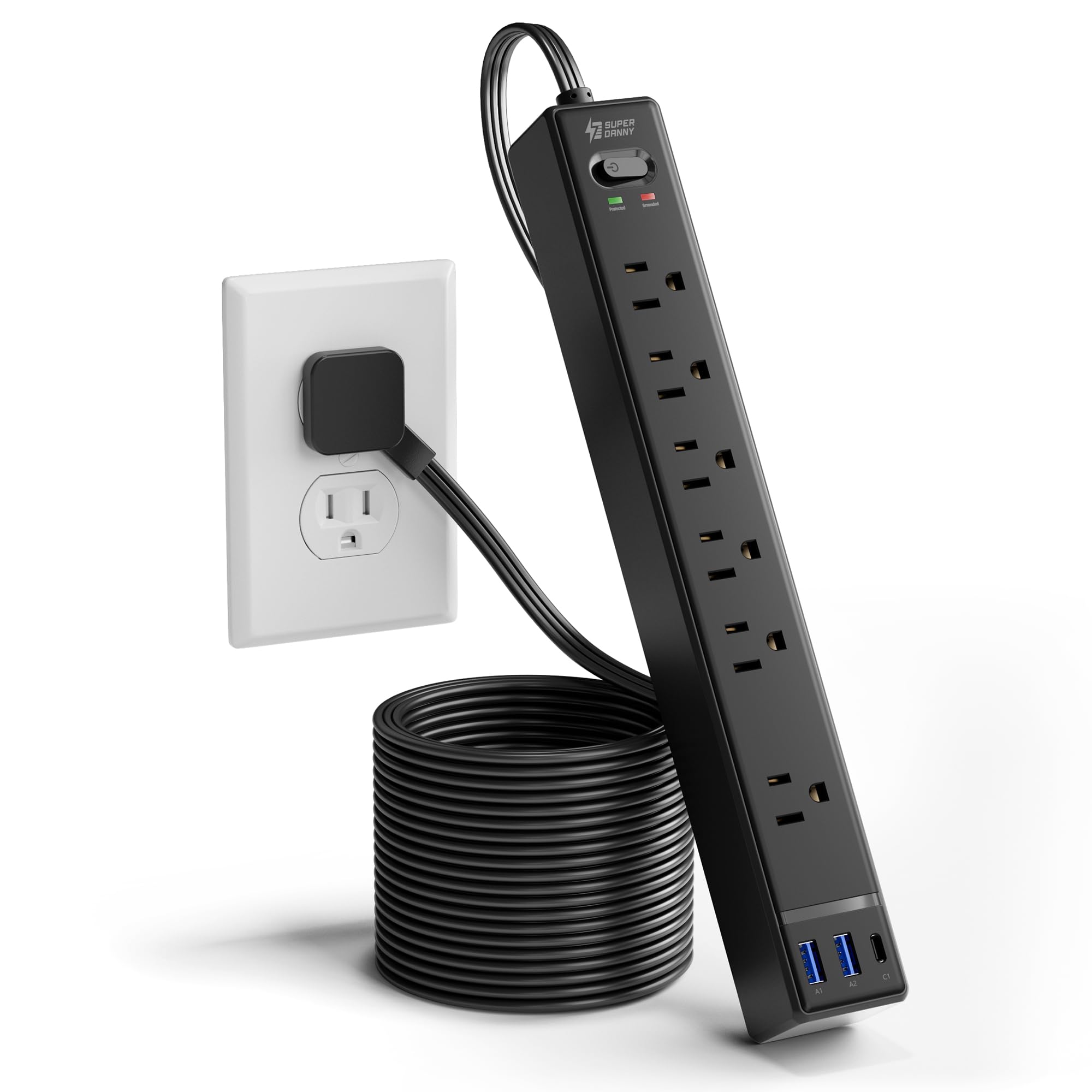 SUPERDANNY - Cable alargador de 3 m con múltiples tomas de corriente, enchufe plano, protección contra sobretensiones con 3 puertos USB y 6 enchufes, cable de 3 m, base de carga negra para