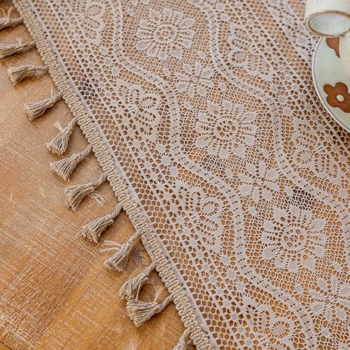 Image of MYSKY HOME Brown Boho Lace Sheer Curtains with Tassels 72 Inch Length 2 Panels Vintage Floral Bohemian Rustic Crochet Geometry Striped Rod Pocket Drapes for Living Room Bedroom, 55 inch Wide