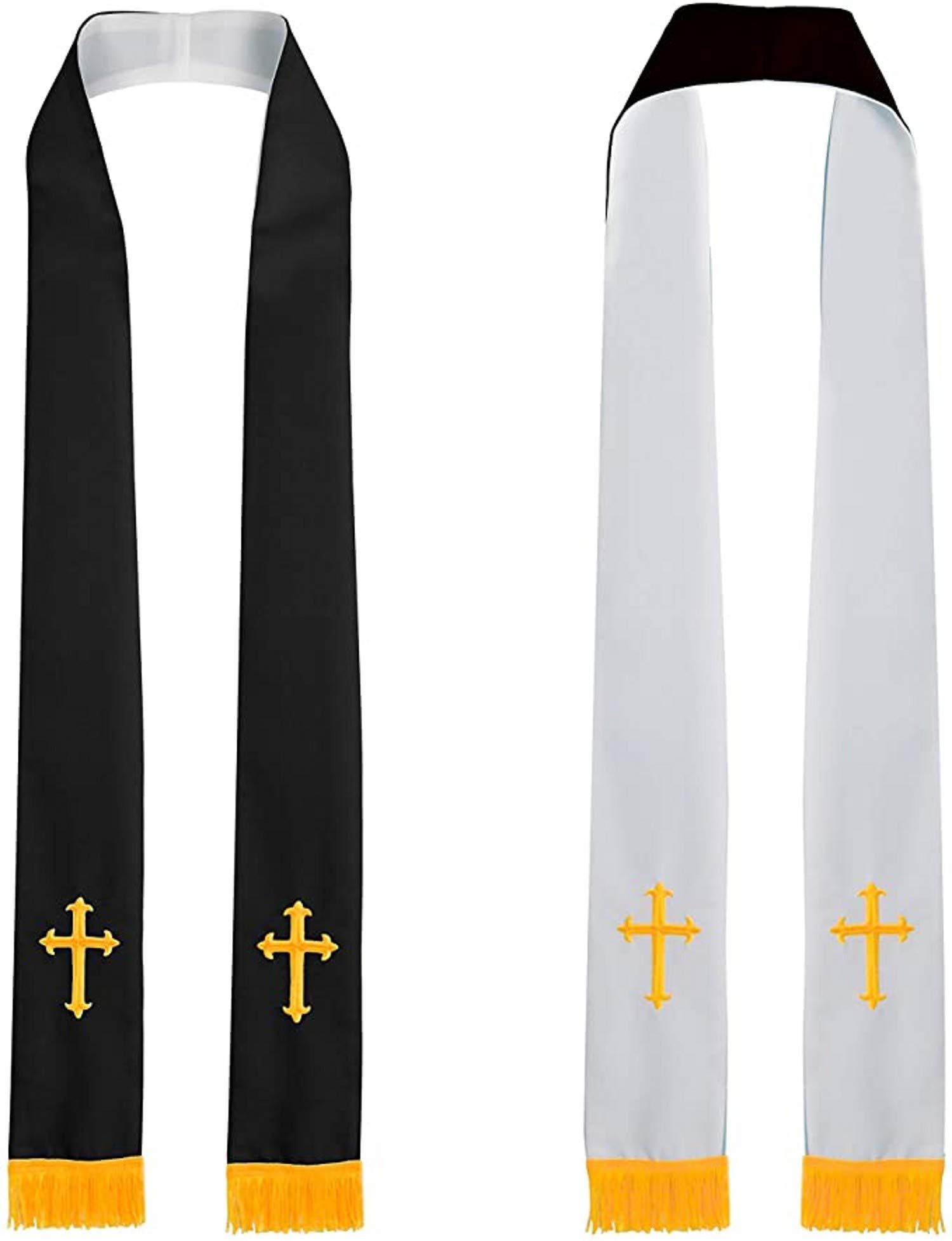 Graduatepro Men's White & Black Church Clergy Stole Pastor Reversible 90" Pastor Choir With Gold Hand Embroidery Cross Tassel Unisex Black White