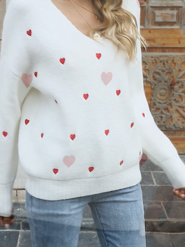 shermie Women's V Neck Loose Casual Cute Knit Red Heart Pullover Sweaters White Small - Image 8