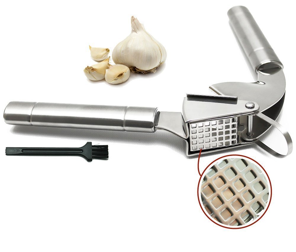 Premium Garlic Press with Hanging Hook & Cleaning Brush - Commercial Grade Stainless Steel (GP0001)