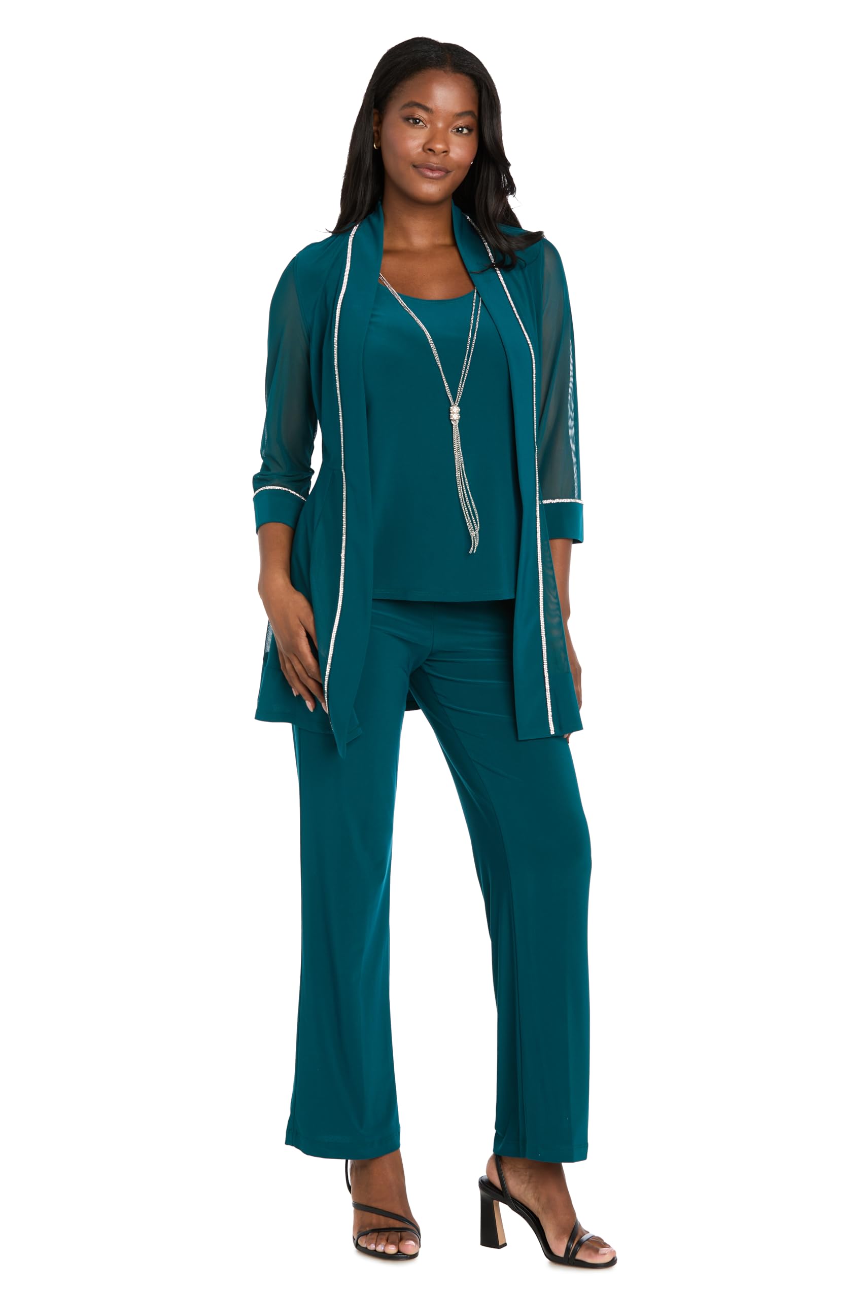 2-Piece Rhinestone Mesh Jacket Pull-On Pants Set - 3 4 Sleeve Elegant Evening Outfit