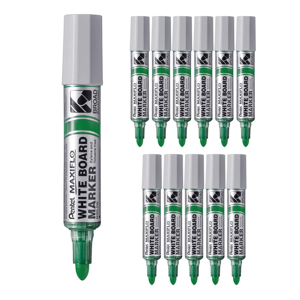 Pentel Maxiflo MWL5W-DX markery do tablic suchościeralnych, stożkowa końcówka, zielone, 12 sztuk