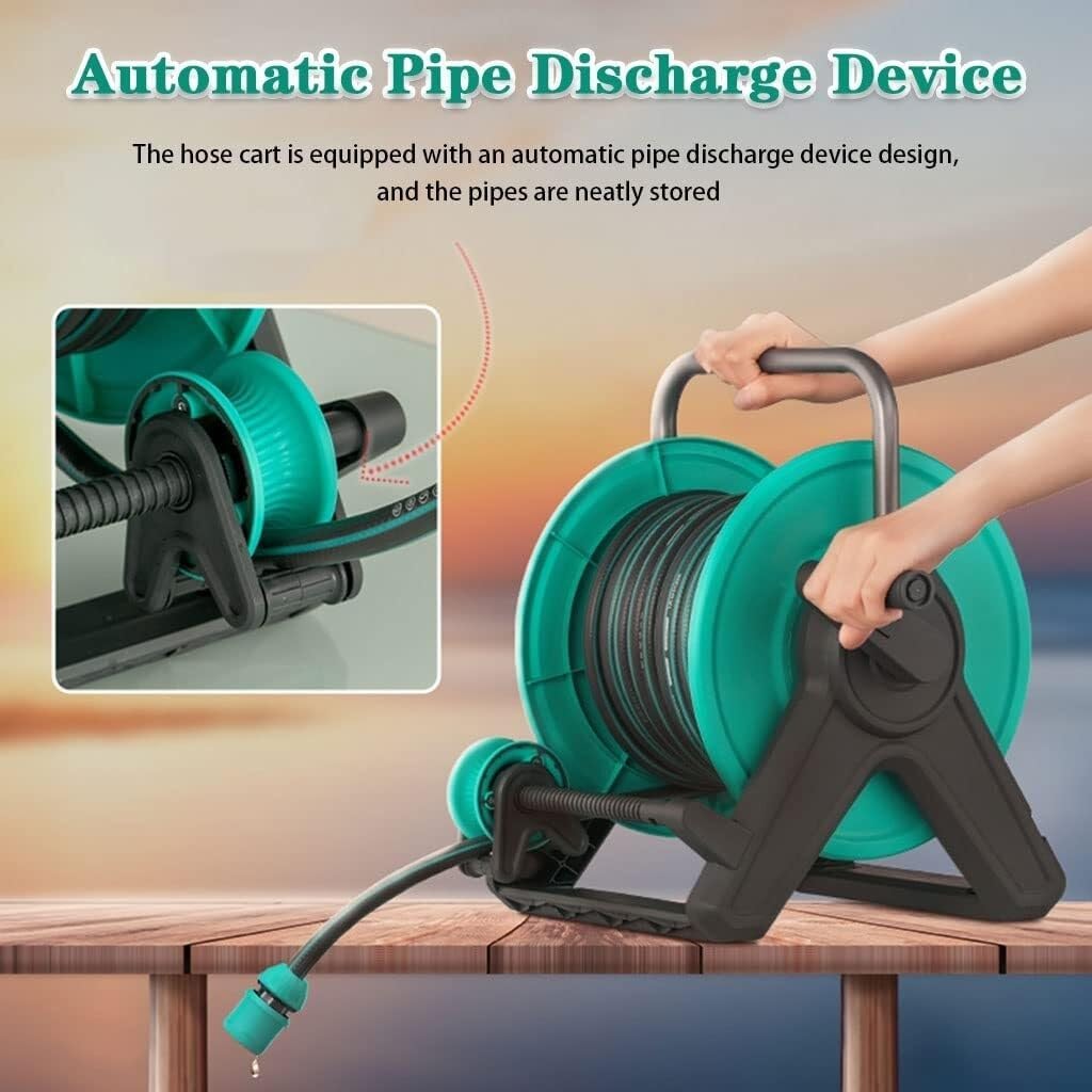 Portable Hose Reel Cart with 30m PVC Water Pipe, Wall-Mounted & Floor Use Garden Hose Organizer, Adjustable Water Gun, Easy Assembly(Hose Cart+25m Pipe)