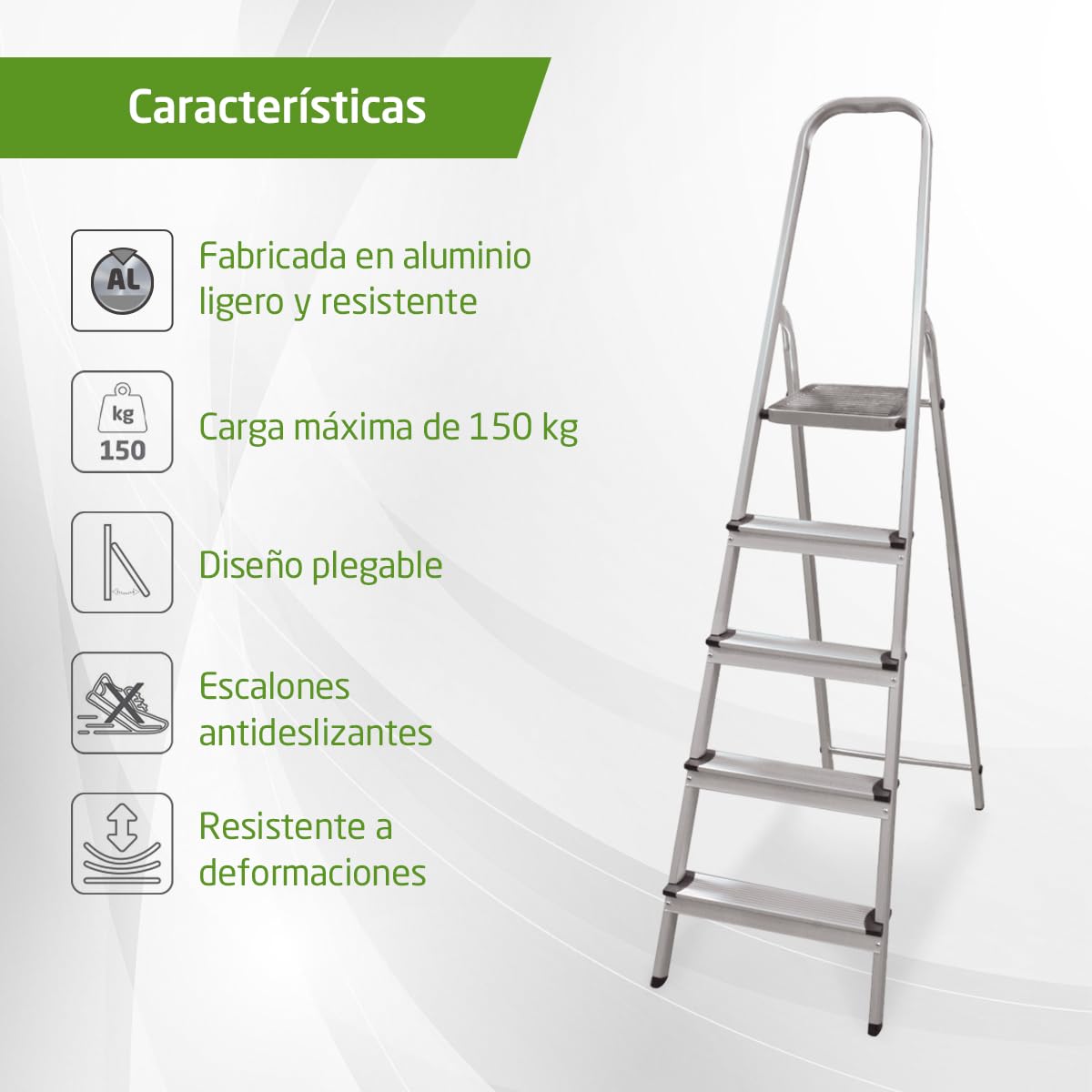 Amig - Escalera Plegable con 5 peldaños - Fabricado en Aluminio - Medida de Peldaños Pequeños: 28 cm x 8 cm - Medida de Peldaño Grande: 25 cm x 25 cm x 28 cm - Uso Doméstico - Carga Máxima: 150 kg