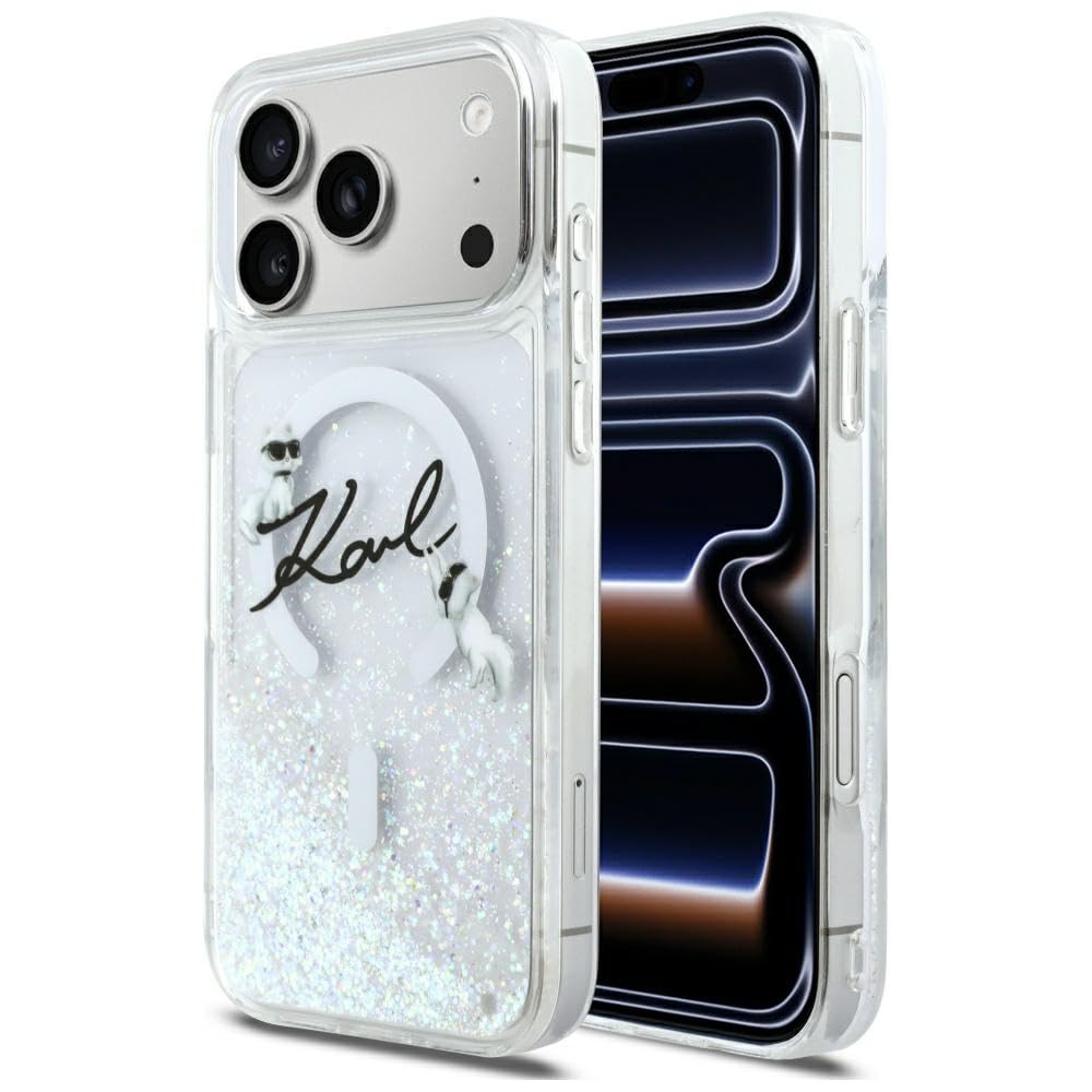 CG MOBILE Karl Lagerfeld - Custodia per iPhone 17 Pro Max con brillantini liquidi Karl Script Log compatibile con MagSafe (trasparente)