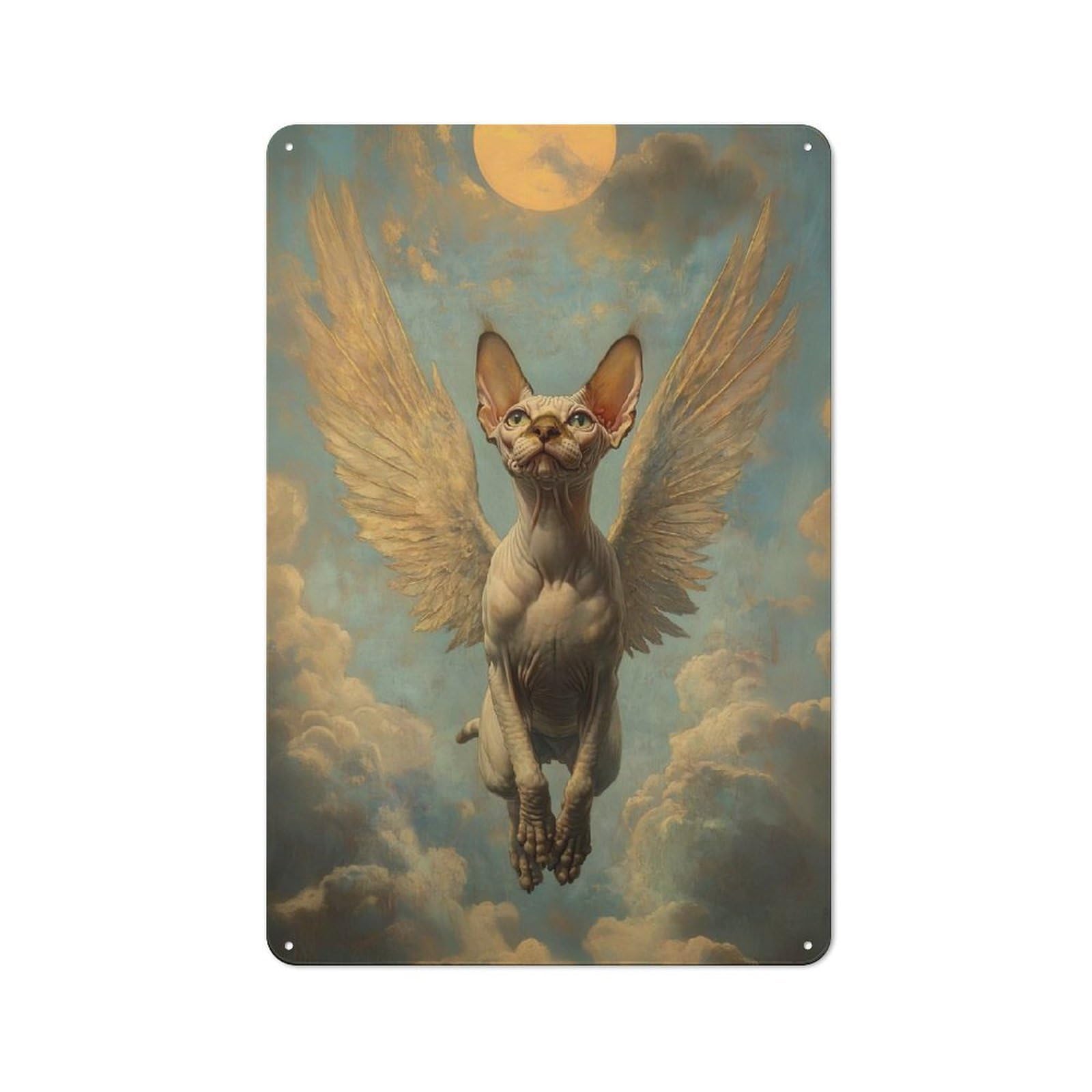 Junmoney Winged Sphynx Cat Angelic Sphynx Cat Metal Plaque 30X20cm With For Hallway Wall, Rustic Decor, For Garage, Workshop And Man Cave Decoration