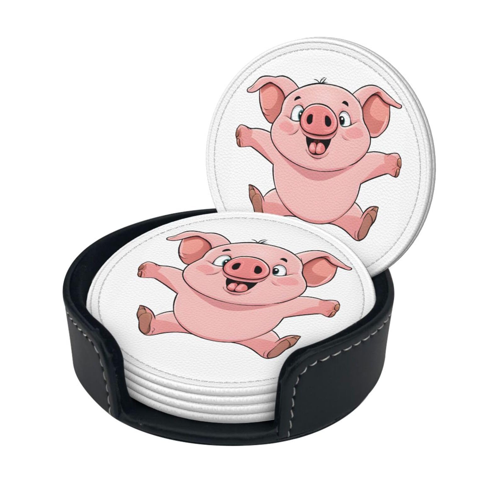 Smile Pink Pig Print Coaster,Round Leather Coasters with Storage Box for Wine Mugs,Cold Drinks and Cups Tabletop Protection (6 Piece)