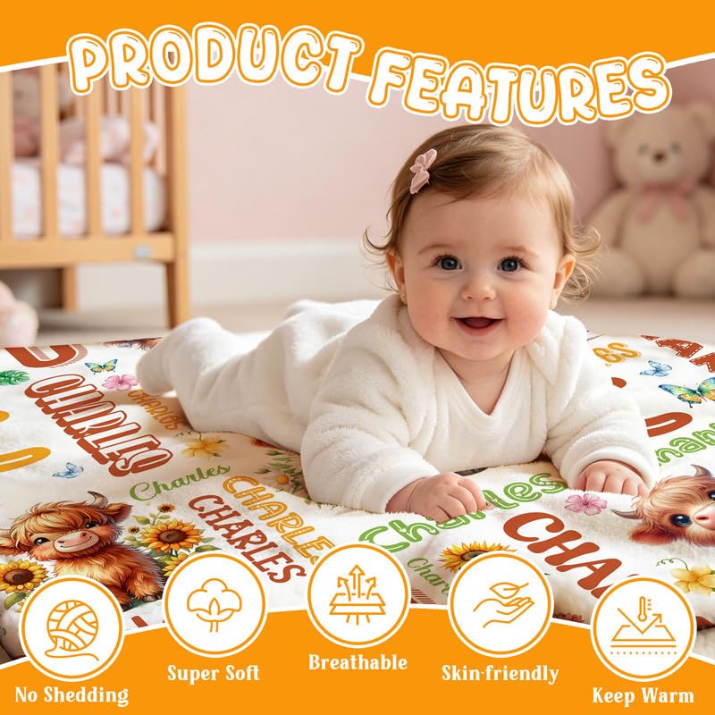 Image of Custom Highland Cow Blanket for Boys Girls,Ultra Soft Personalized Gifts Baby Blanket,Customized Throw for Toddlers Newborn Stroller Crib,40 inchx50 inch