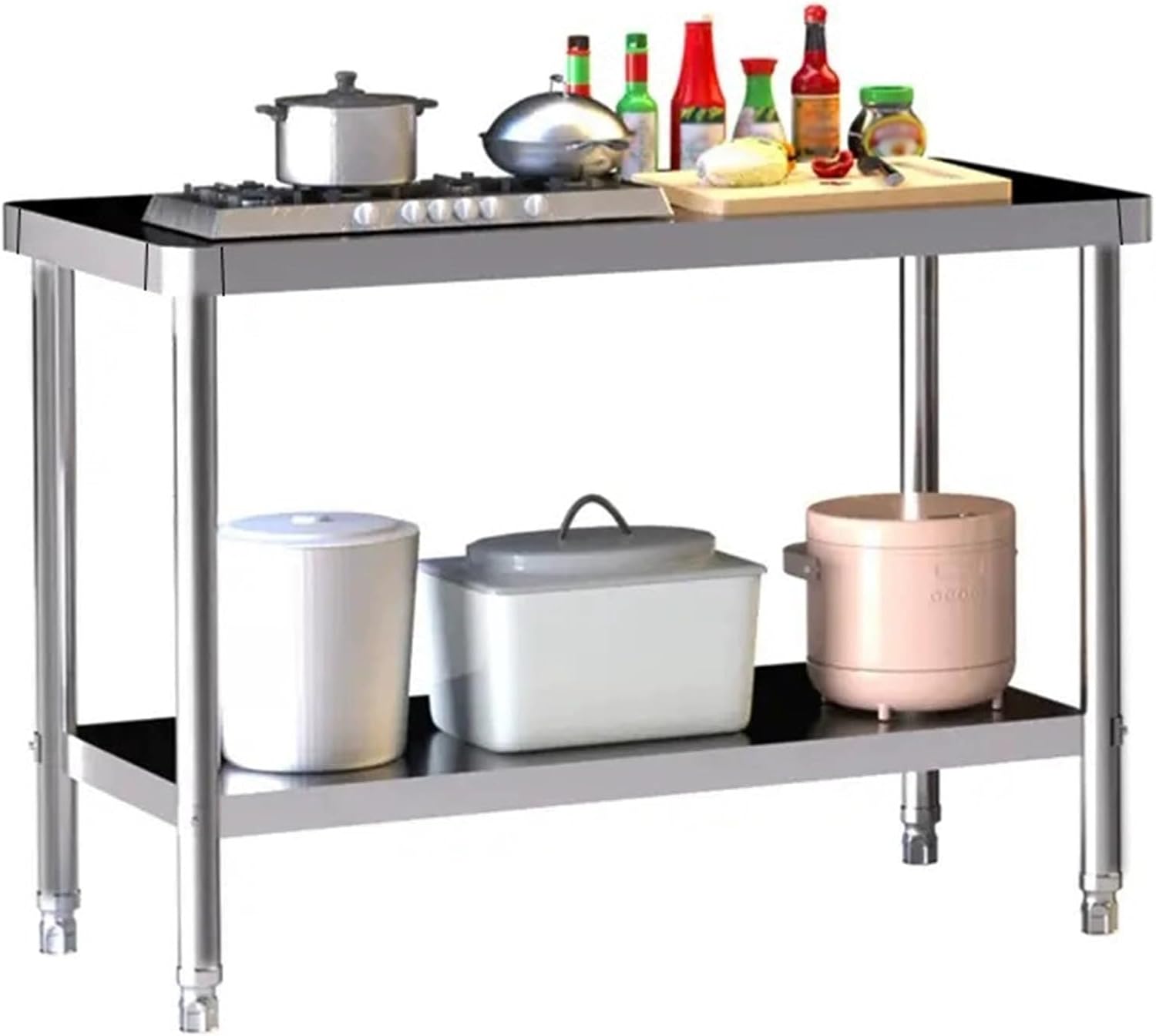 Thickened Stainless Steel Workbench Commercial Round Corner Preparation Table Kitchen Counter Household Multi-layer Storage Rack Triangle Fixed Solid Metal Table with Adjustable Feet