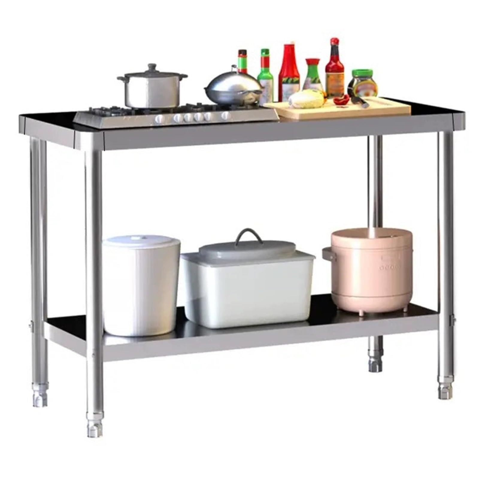 Banco da lavoro in acciaio inox ispessito, tavolo da cucina rotondo commerciale con ripiano portaoggetti multistrato, piedini regolabili in metallo massiccio, ideale per uso domestico e ristorante