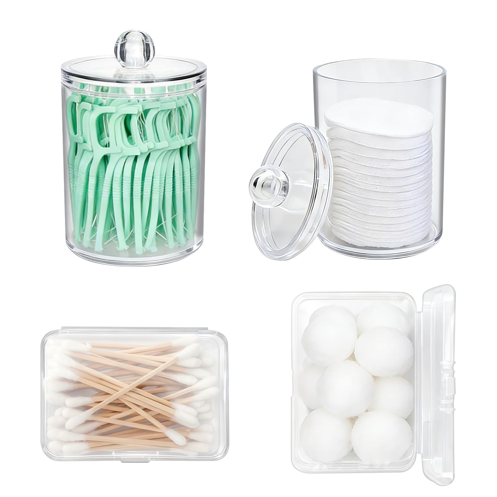 4 Pcs Qtip Holder Dispenser 2Pcs Clear Acrylic Qtip Dispenser Apothecary Jars with Lids and 2Pcs Portable Travel