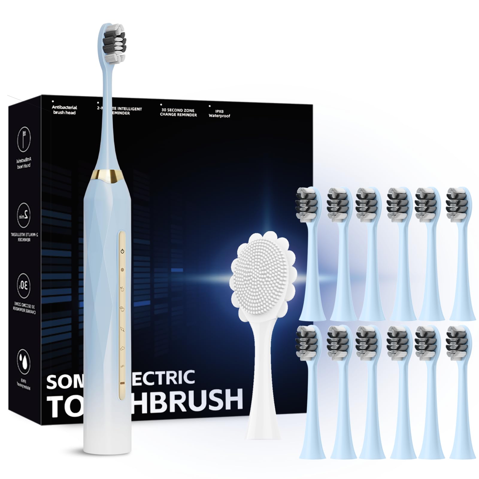 molux Electric Toothbrush Set, Equipped with 12 Brush Heads and 1 face Brush Head, IPX8 Waterproof, 42000 high-Frequency Vibration, Ultra Whitening Toothbrush for Adults and Kids