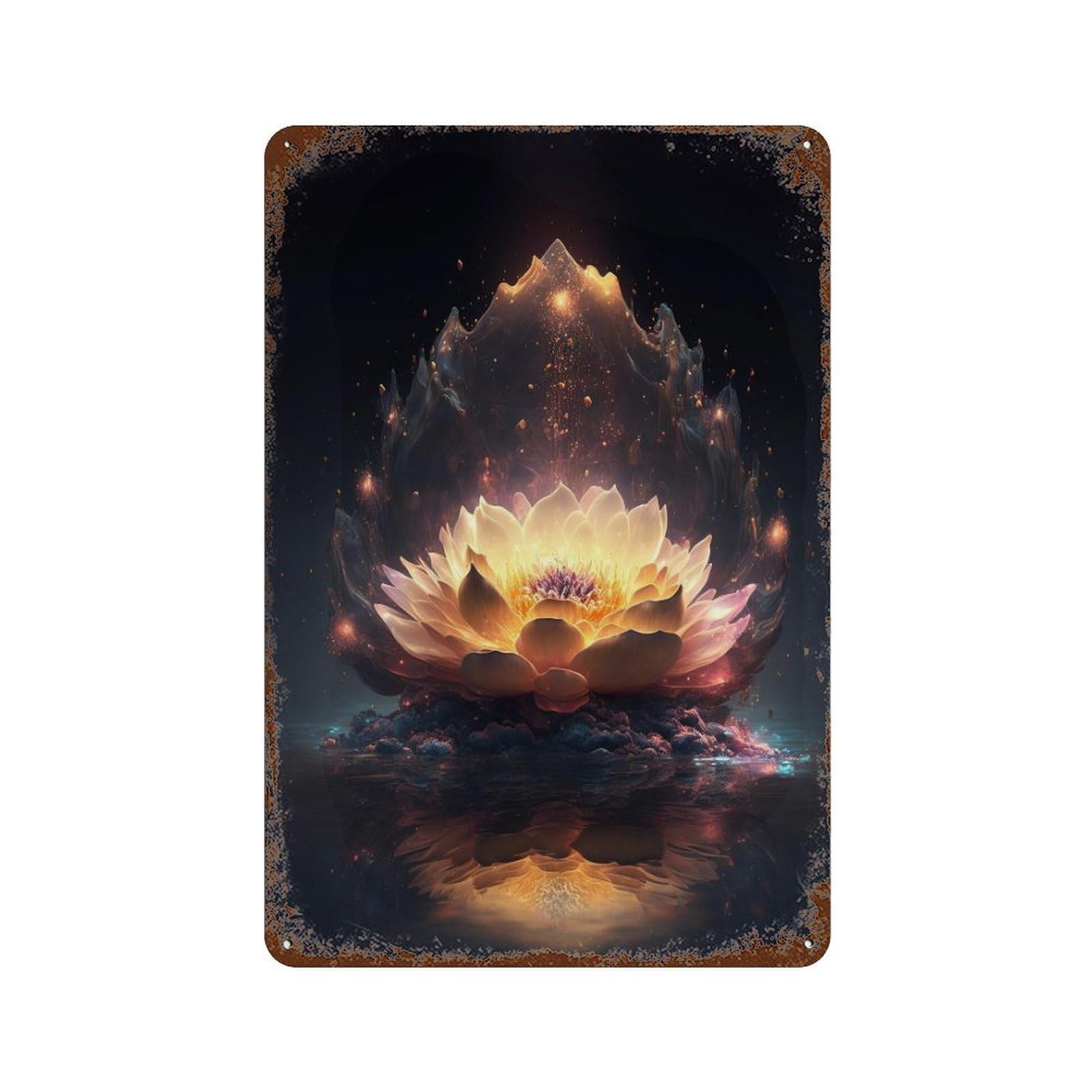 Glowing Lotus Reflection Distressed Metal Wall Sign 11.8"x7.9", Ideal for Patio, Garden Room And Bar Decor