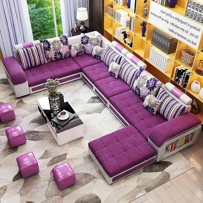Poppins HOME Modern 6 Seater U Shaped Velvet Sectional Sofa for Classic Living Rooms Luxury Design Modular Fabric Set (Purple)