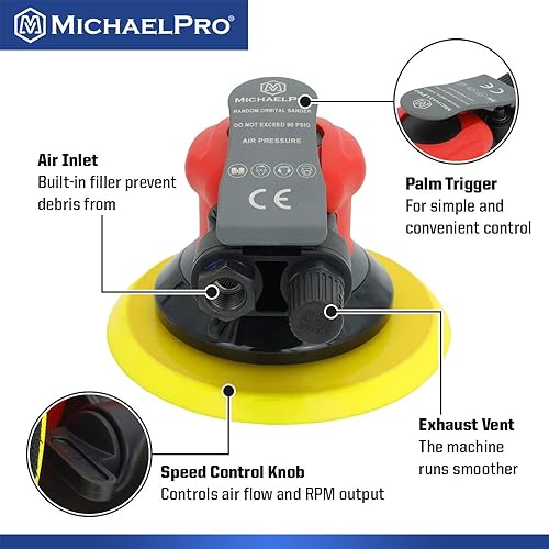 Miniatura 3 de MichaelPro MPA01041 Lijadora de órbita aleatoria | 6 pulgadas | 0.197 in, lijadora neumática de palma para madera, compuestos, metal