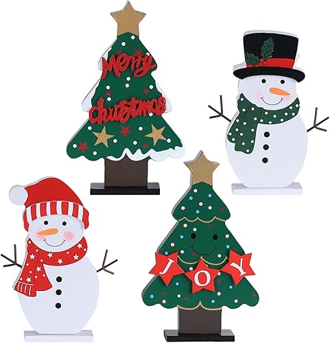 DECSPAS Decoraciones navideñas para interiores, 4 piezas de árboles de Navidad de madera y muñecos de nieve para decoración de mesa de centro de
