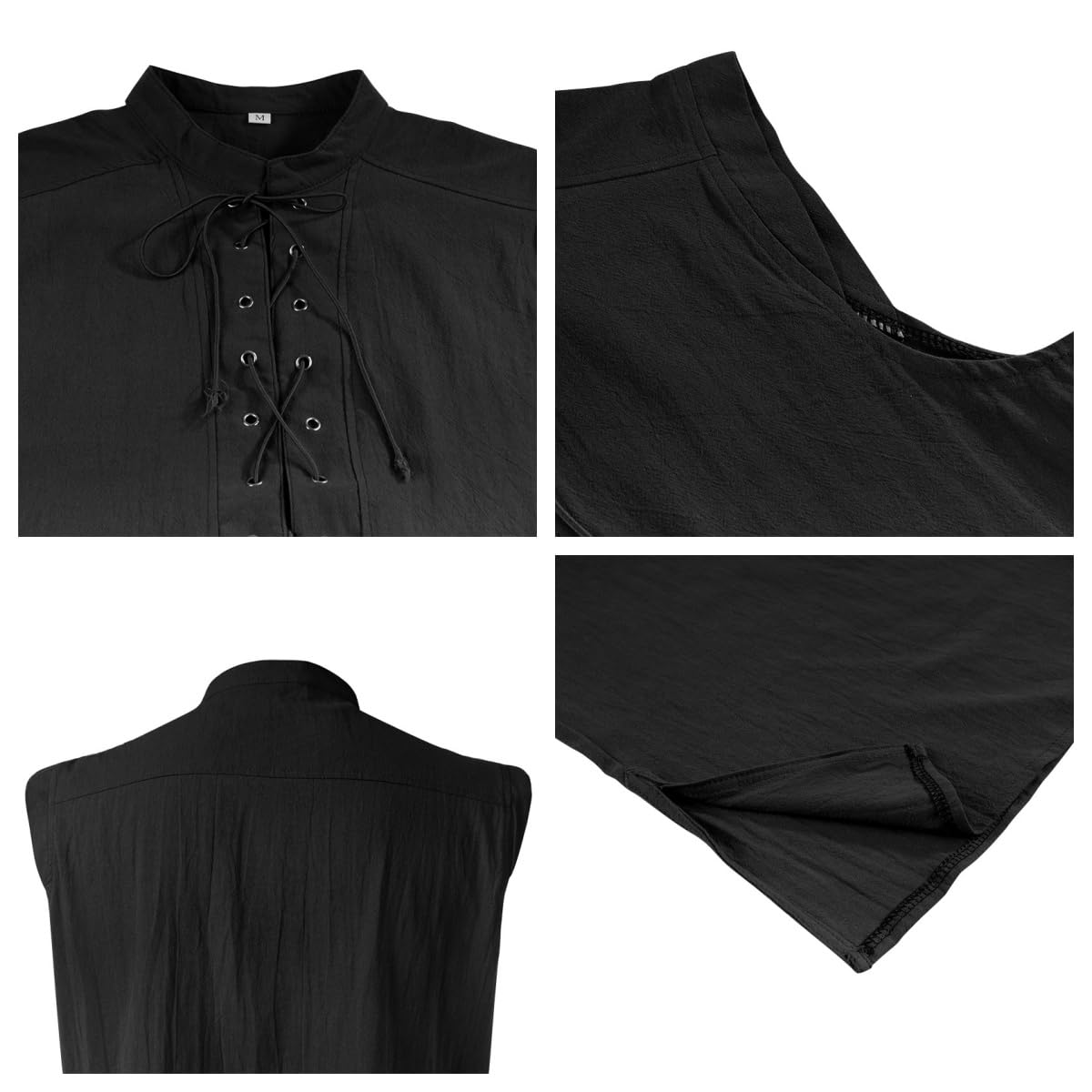 Men's Sleeveless Henley Vest, Vintage Steampunk Gothic Viking Pirate Lace-up Shirt - Image 4