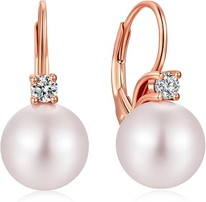 925 Sterling Silver Pearl Earrings - Womens Leverback Dangling Drop Earrings 10MM
