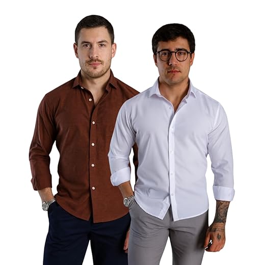 Kit 2 Camisas Sociais Masculinas, Manga Longa, Slim Fit, Tecido Premium, para Trabalho e Casual