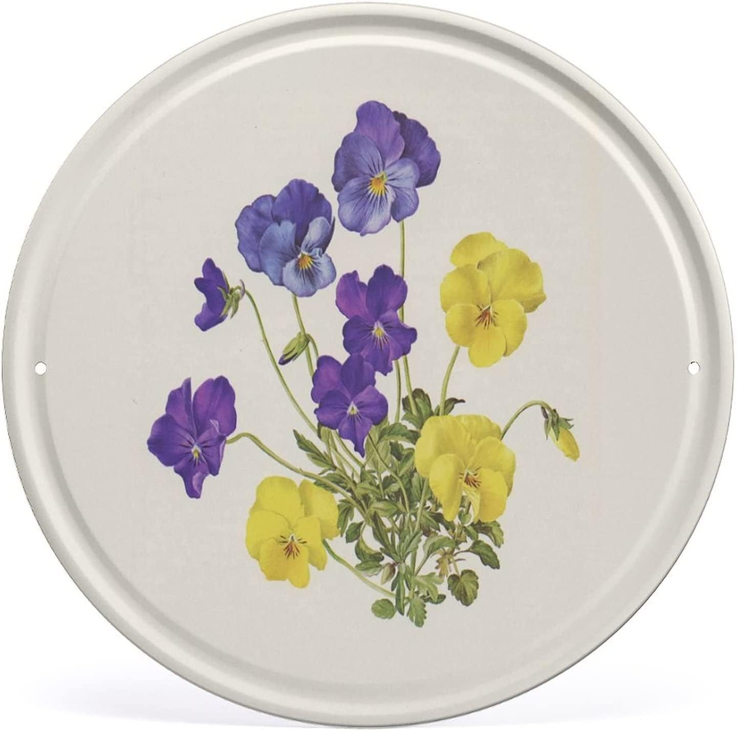 Round Metal Tin Sign Purple Yellow Pansies Botanical Flower Retro Tin Sign Funny Vintage Novelty Sign 12x12 Inch for Kitchen Pub Yard Garden Farm Man Cave Coffee Bar