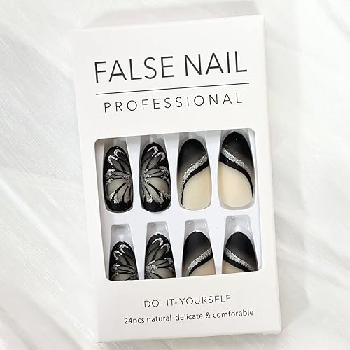 Miniatura 5 de Uñas postizas a presión con diseño de mariposa, uñas largas con pegamento con diseño de purpurina, uñas adhesivas negras de cobertura completa, uñas