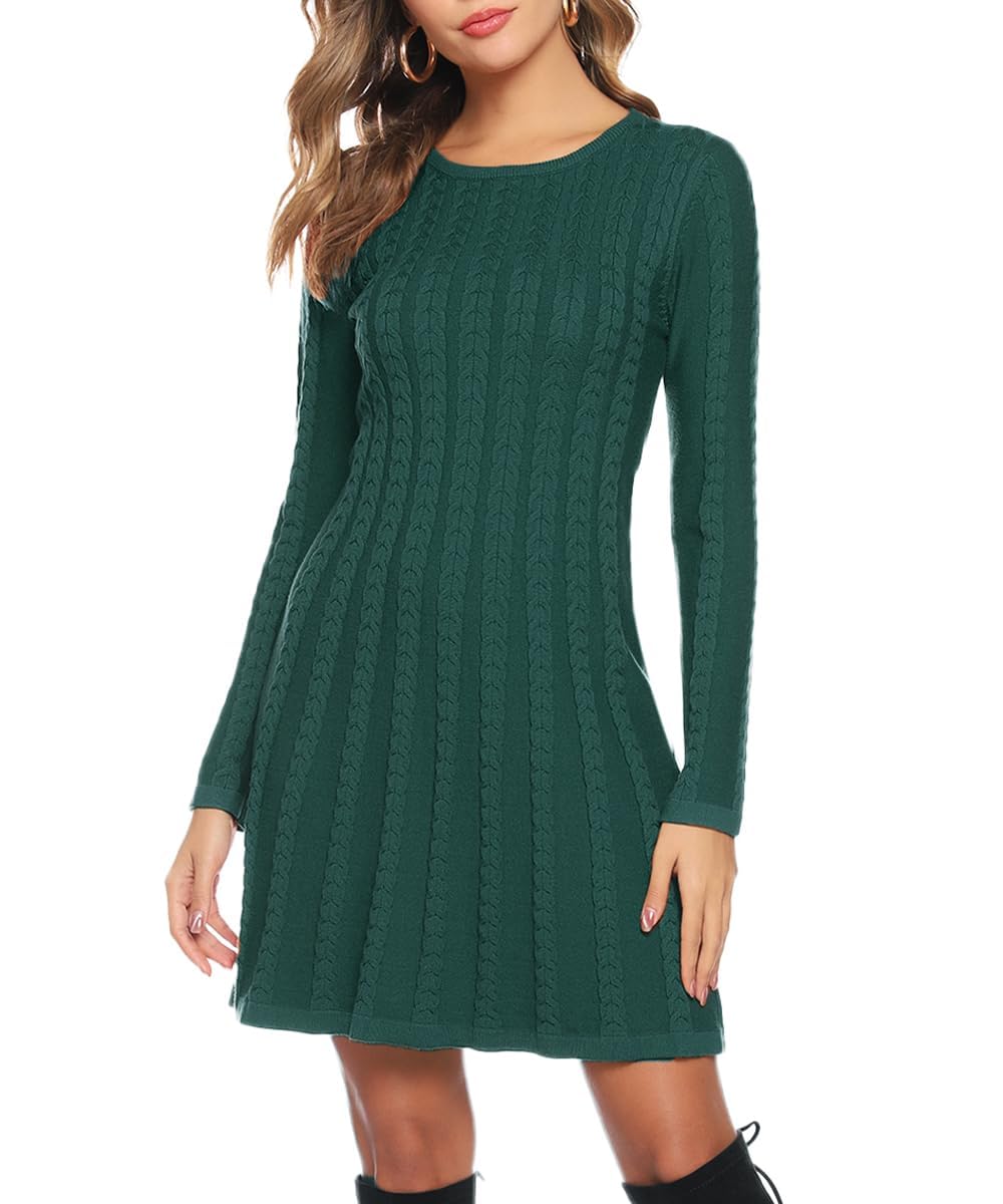 Gyabnw Vestito Casual Donna Invernale in Maglione Abito Vita Alta Elegante in Girocollo di Orlo Svasato Abito Linea A in Maglia al Ginocchio Caldo di Moda Treccia Ritorta