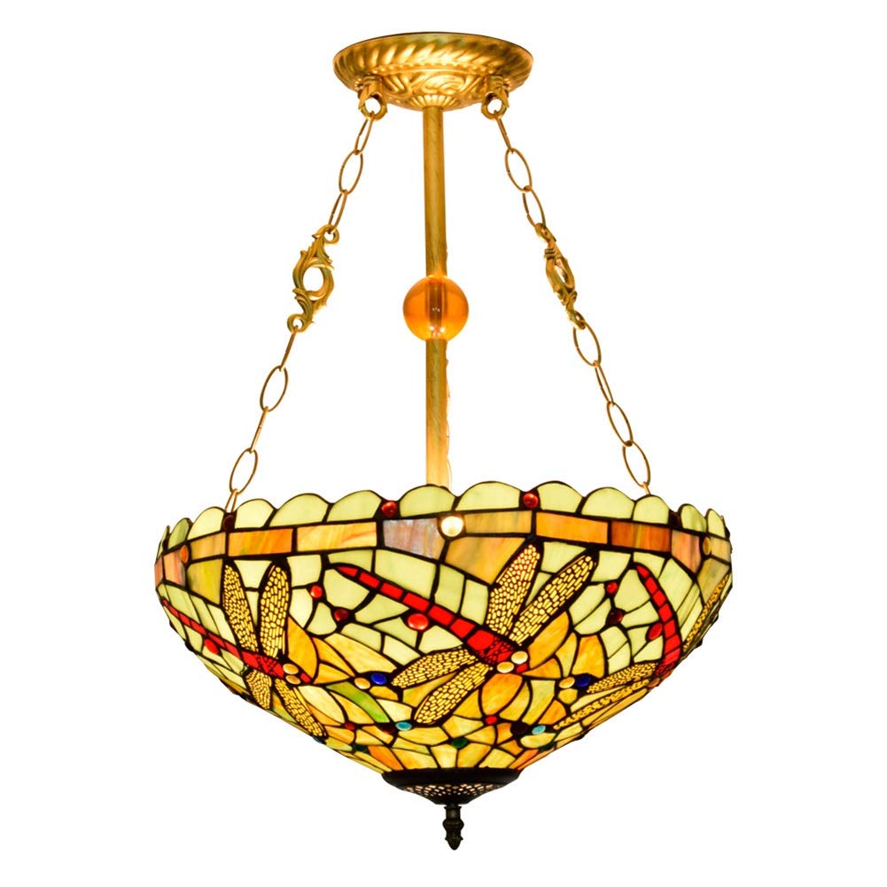 HPTHLY Ceiling Stained Glass Chandelier 16" European Tiffany Pendent Lampgreen Bottom Bar Light Creative Stained Yellow Dragonfly Glass Living Dining Bed Chandelier