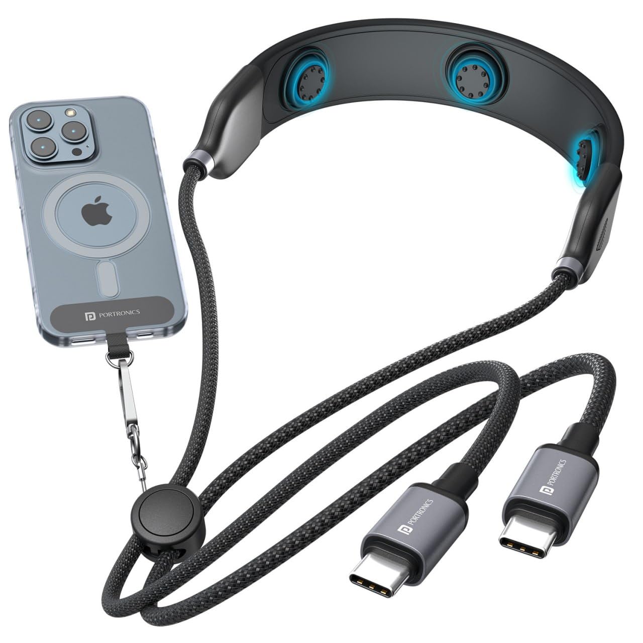 Portronics Pulse Line, 3-in-1 Smart Wearable Cable with Neck Massager & Phone Lanyard, 100W PD Fast Charging Type-C Cable, 480Mbps Data Transfer, Adjustable Nylon Braided Strap for Smartphones&Laptops-image-18