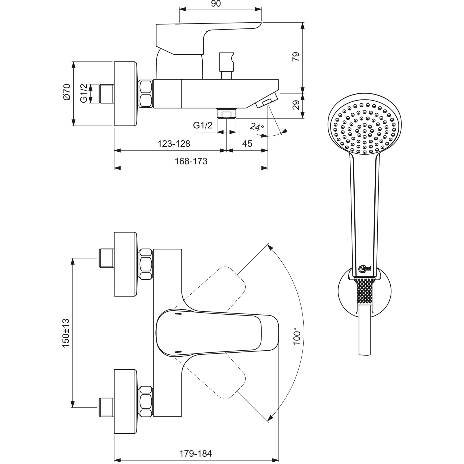 Ideal Standard - Ceraplan III, Set miscelatore esterno vasca/doccia con accessori, Tecnologia Click, Firmaflow, Cromato