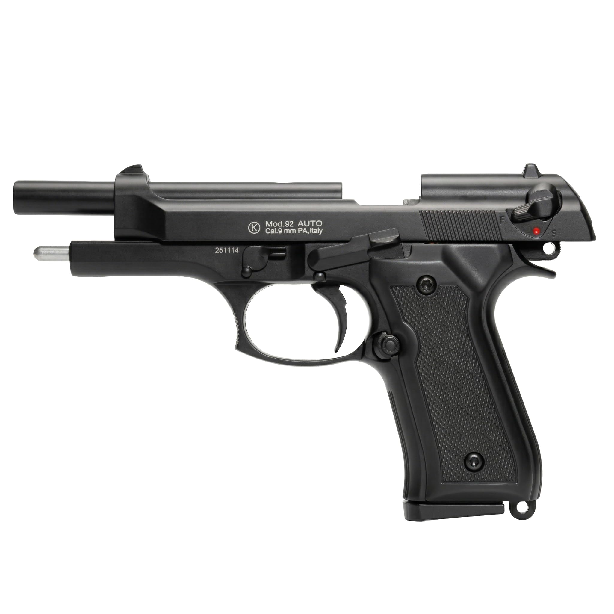 Pistola a salve M92F full metal replica beretta, cal. 8mm, semiautomatica scarrellante, caricatore 18 colpi, valigetta inclusa, made in Italy, 220mm 1100g