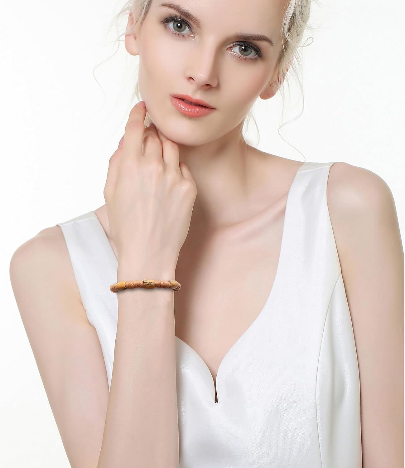 STWTR Bohemian Style Beige Ceramic Bracelet Handmade, Adjustable For Both Men And Women