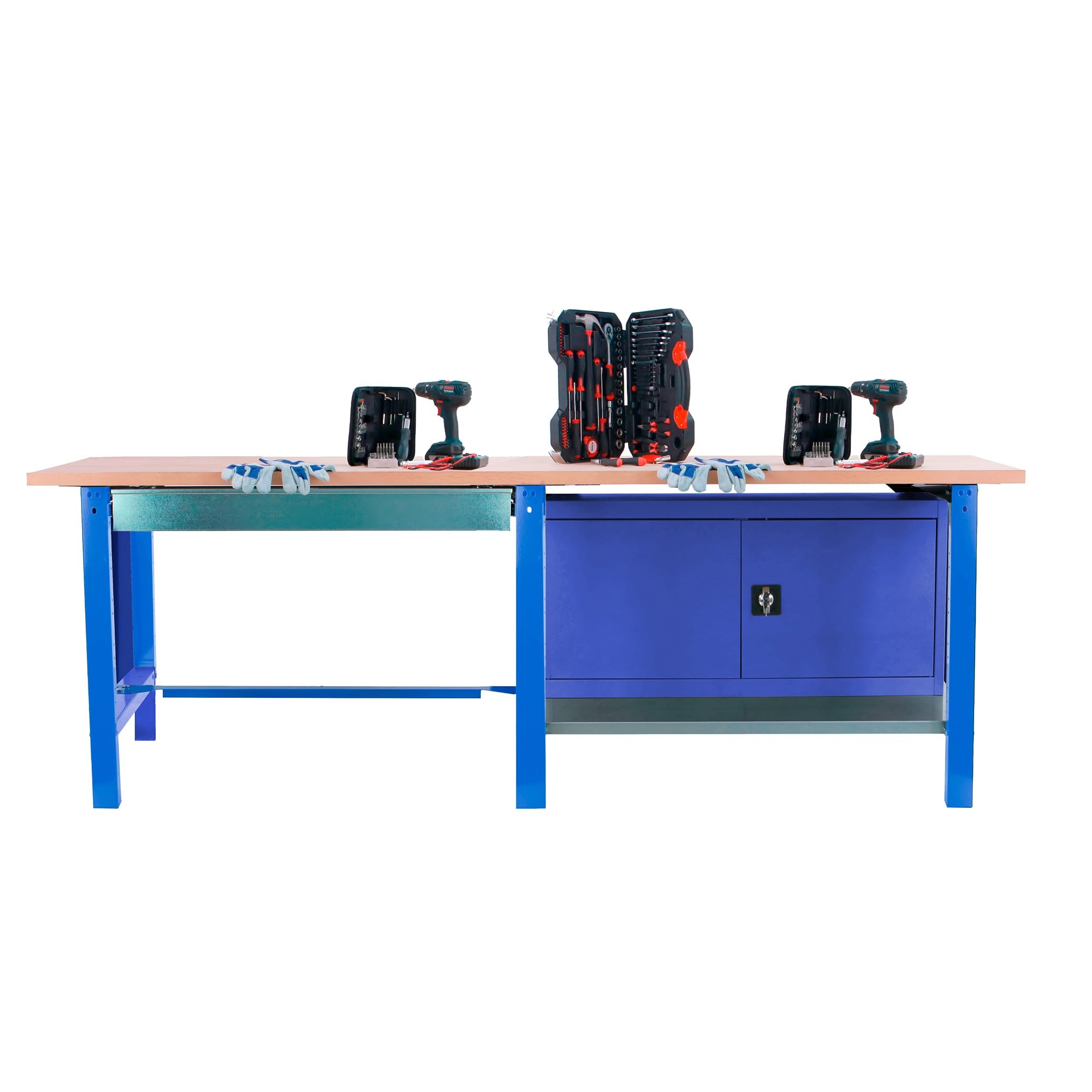 SimonRack Banco de Trabajo Taller Doble, Capacidad Carga 1000 kg, 865x2100x750 mm, 1 Cajón, Guarda Herramientas, Mesa de Trabajo, Azul/Haya - BT6 PRO