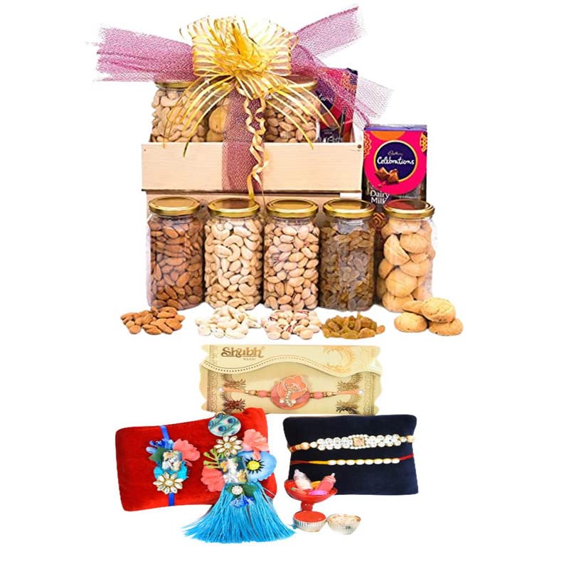 Image of NUTRI MIRACLE Rakhi Dry Fruit & Nut Gifts For Brother /Bhai With Fancy Designer Rakhis For Family,550gm