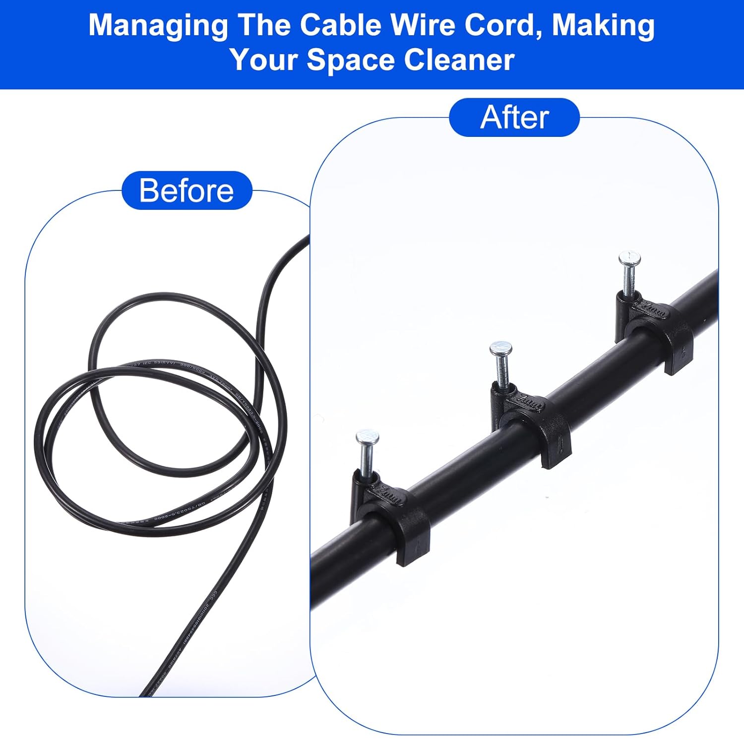 Generic 50 Pcs Cable Wire Clips with Nail, 12mm/ 0.47inches Plastic, Black, Size 12mm x 25mm, Organize & Secure Cables & Wires