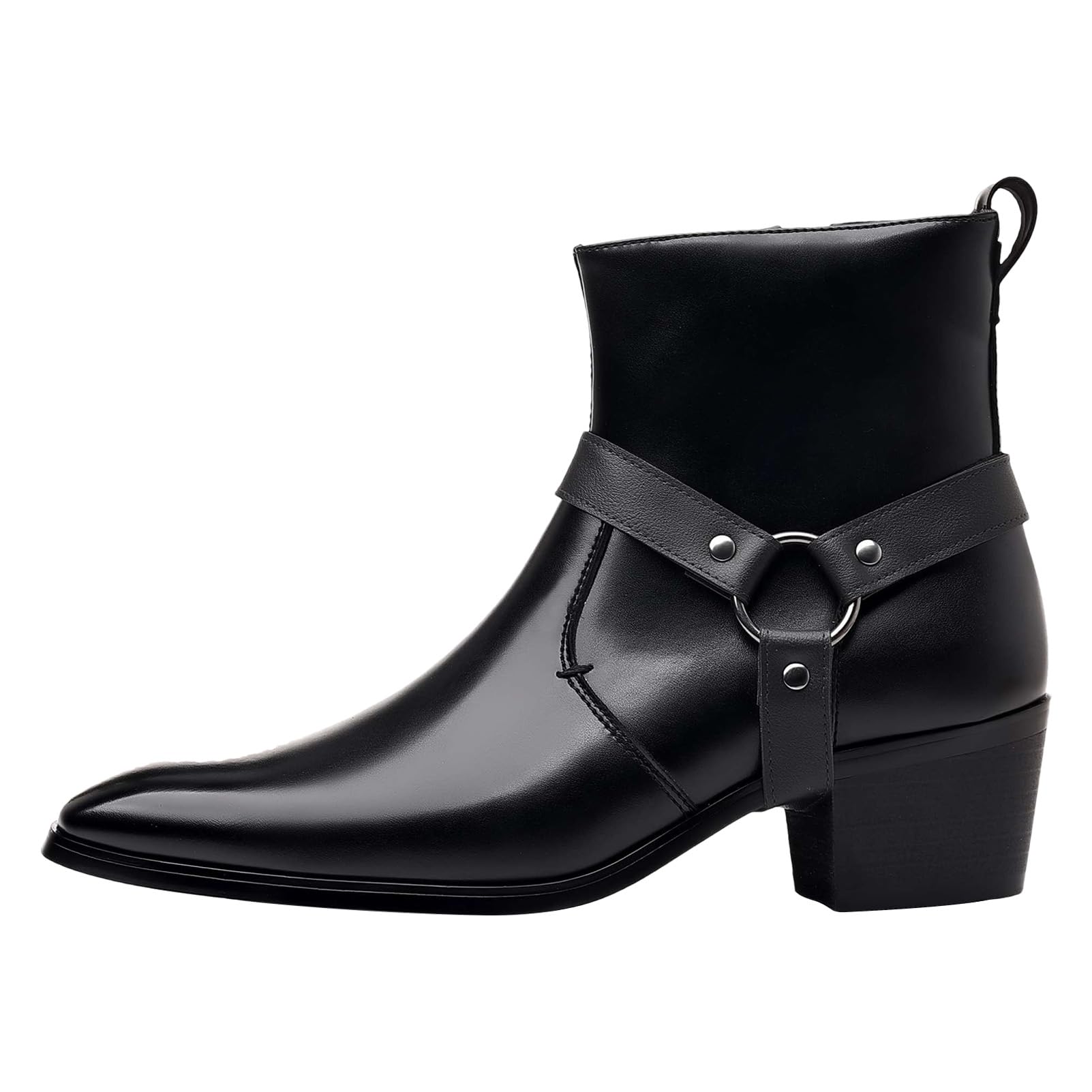 ANUFER Herren 5cm Blockabsatz Seitenreißverschluss Stiefeletten | PU-Leder, Cooler Punk-Stil, Nietriemen, Quadratischer Zeh, Elegante Stiefelschuhe